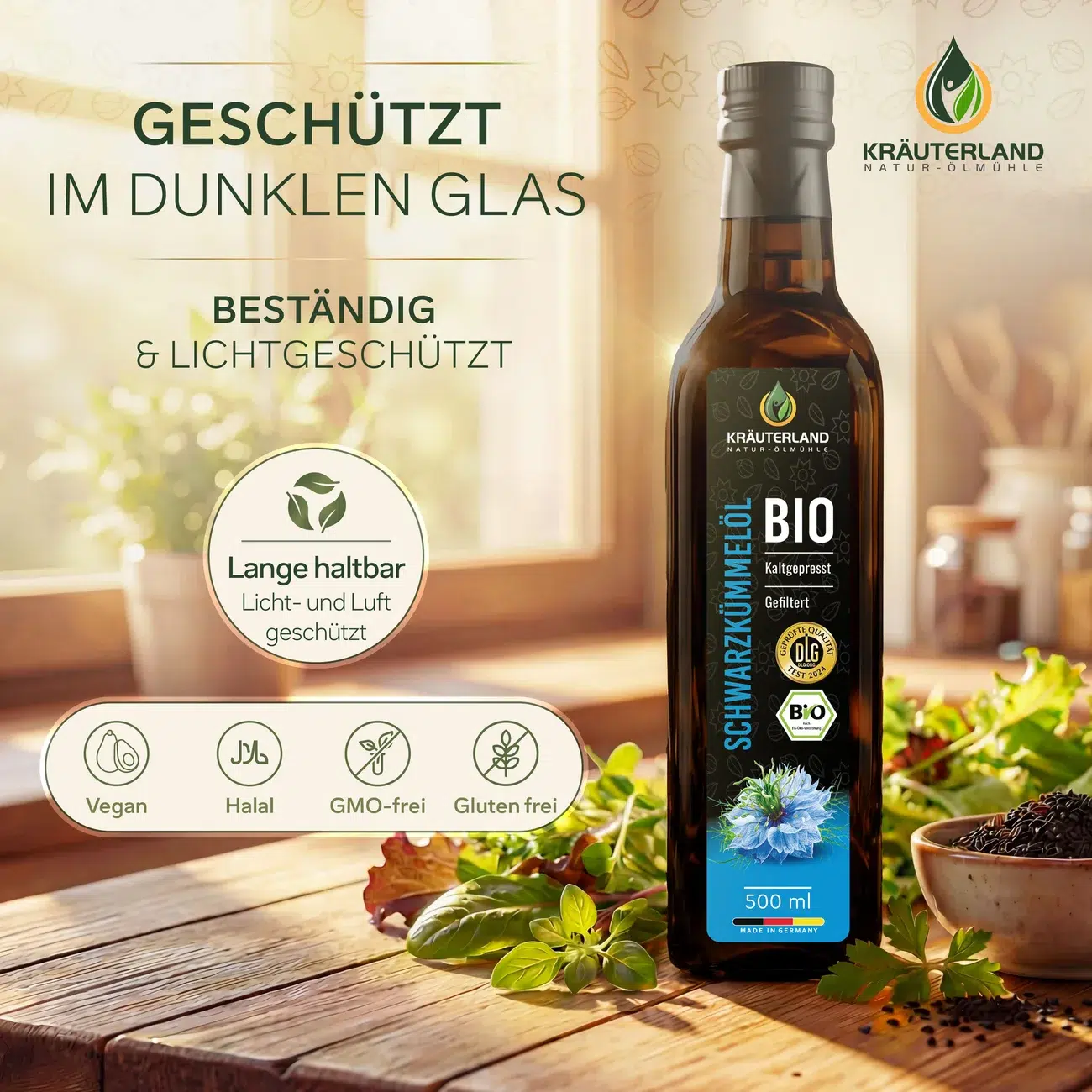 Lifestyle-Szene eines Schwarzkümmelöl-Produkts im Alltag